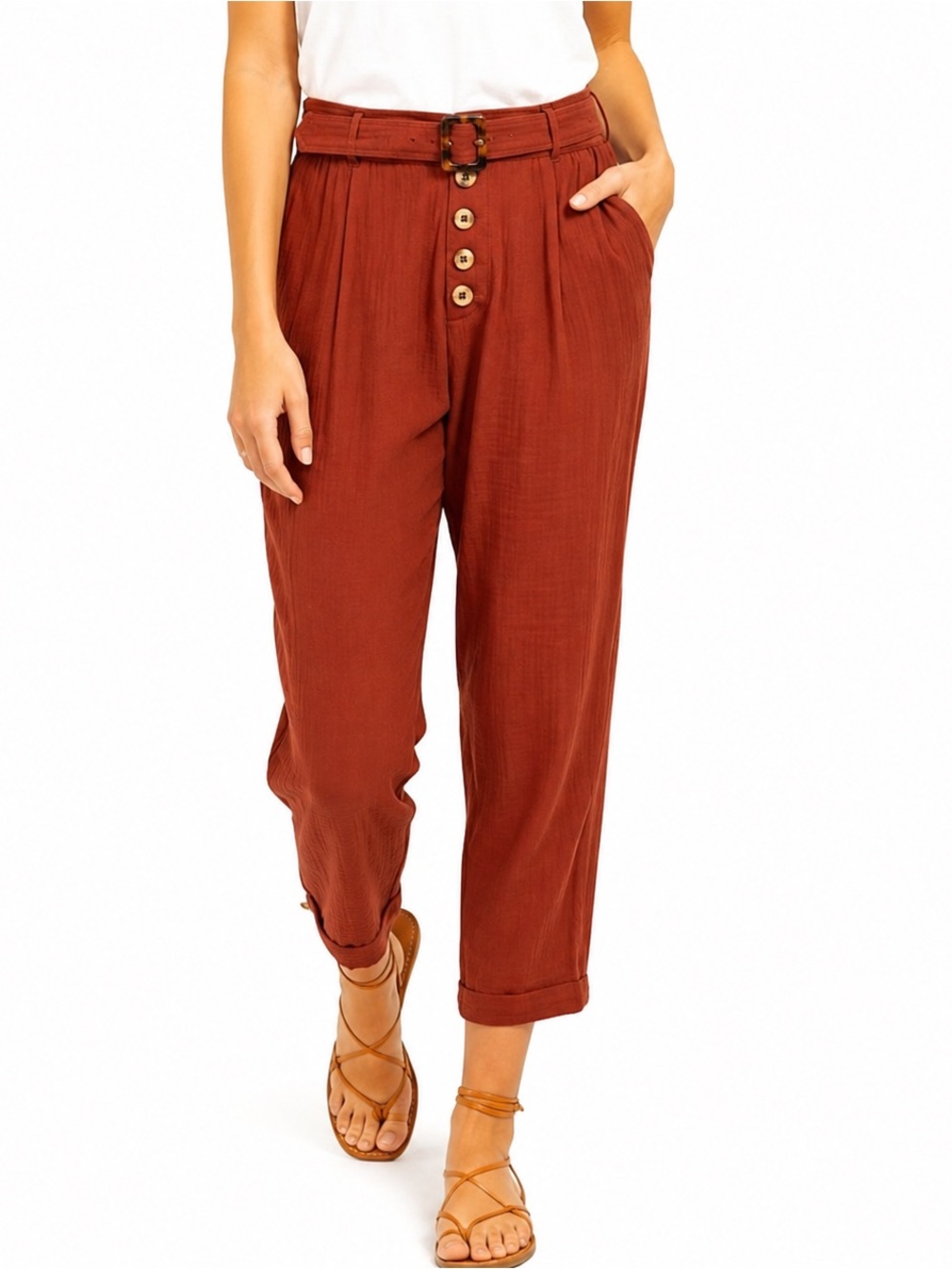 L*SPACE Georgie Gauze Cotton Pants Rust Terracotta Cropped Belted M